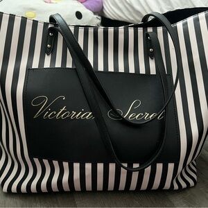 Victoria's Secret Black & Pink Striped Tote with Gold Logo